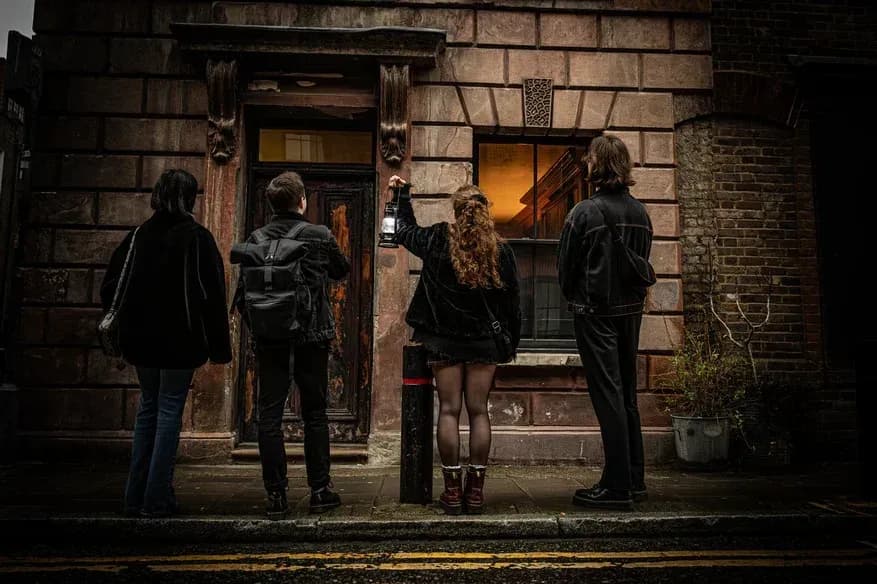 Carpe Diem Jack the Ripper tour group in Victorian costumes exploring a historic London alleyway