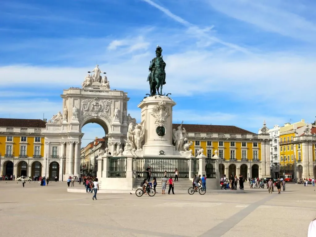 Praça do Comércio square in Lisbon, Portugal, featuring the Rua Augusta Arch and statue of King Joseph I