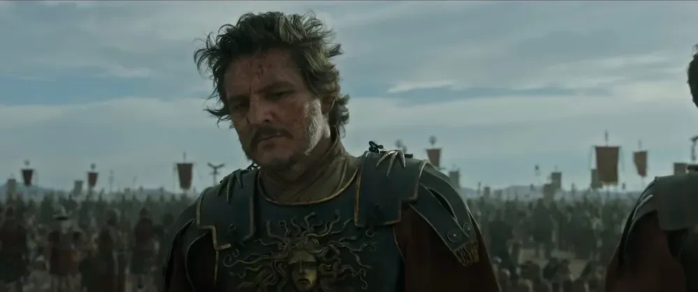 War-weary Marcus Acacius portrayed by Pedro Pascal in Gladiator 2 showcasing ancient Roman military leadership and imperial history featured in Carpe Diem Tours Rome historical exploration and Colosseum educational experiences