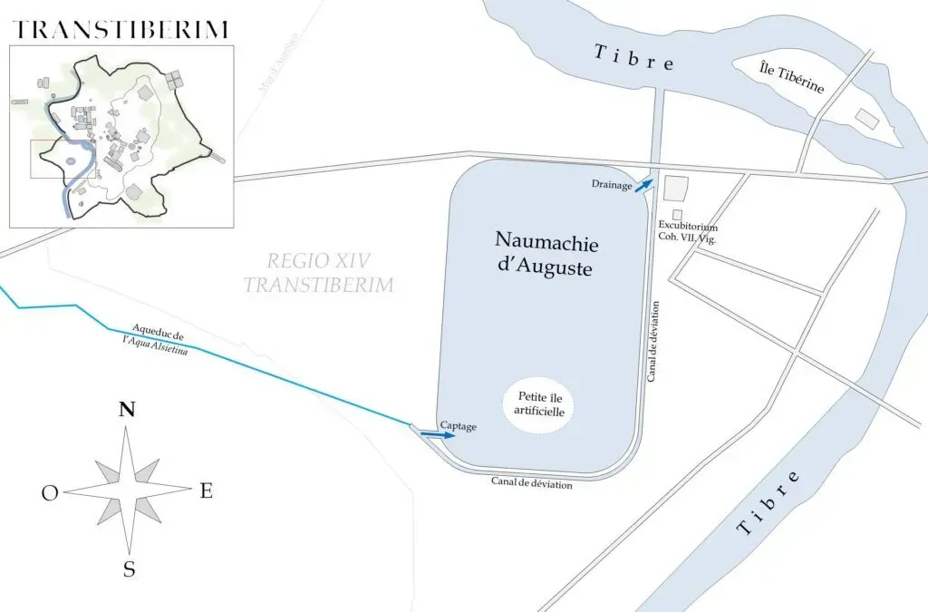 Historical plan of Augustus Naumachia beneath modern Trastevere district showcasing ancient Roman urban planning and imperial naval spectacles featured in Carpe Diem Tours Rome Trastevere exploration and archaeological educational experiences