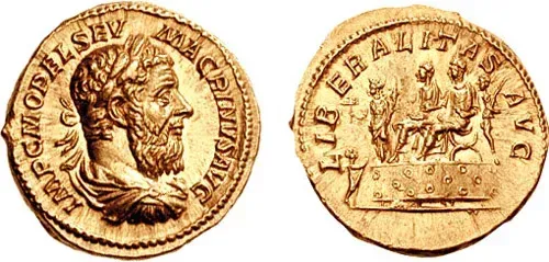 Ancient Roman Aureus gold coin of Emperor Macrinus showcasing imperial titles and LIBERALITAS inscription representing Roman numismatics and monetary history featured in Carpe Diem Tours Rome historical exploration and Capitoline Museums educational experiences