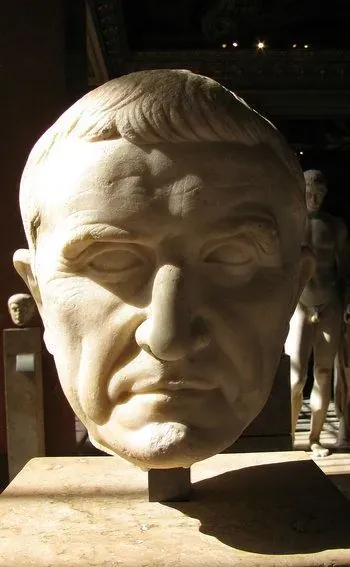 Close-up of a Roman marble bust, possibly an emperor or notable figure