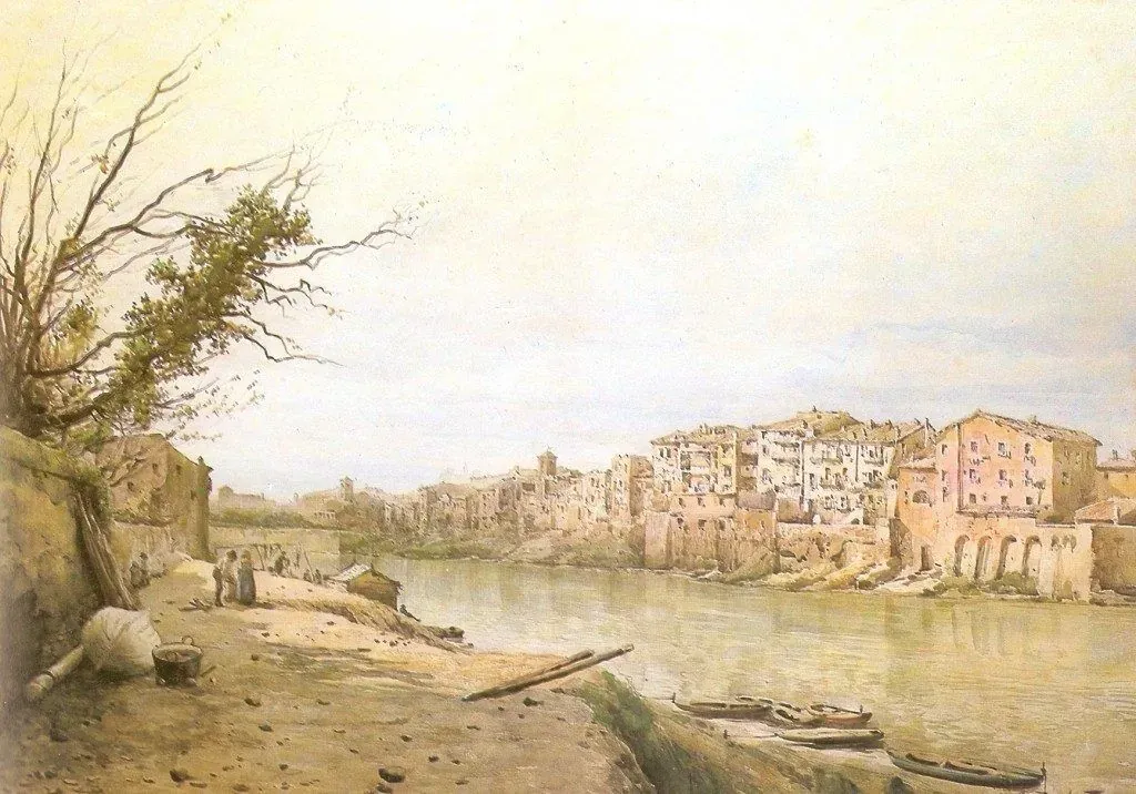 Painting by Ettore Roesler Franz from the 'Roma Sparita' series, depicting the Tiber River (Il Tevere) in Rome with historical buildings