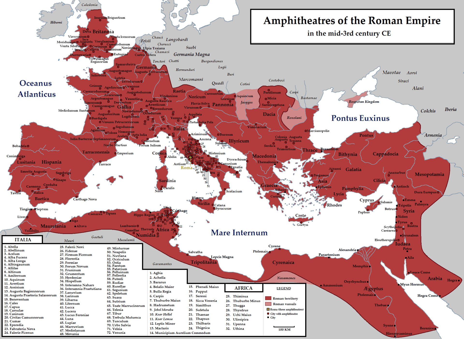 Map of Roman Amphitheatres across the Roman Empire