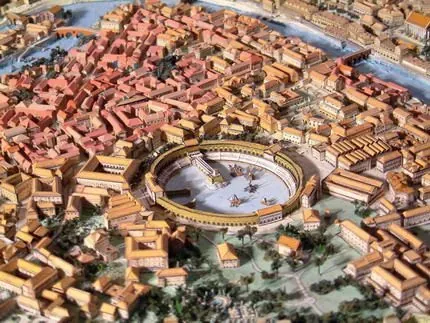 Illustration depicting the Naumachia of Augustus, a large basin in ancient Rome used for staging mock naval battles