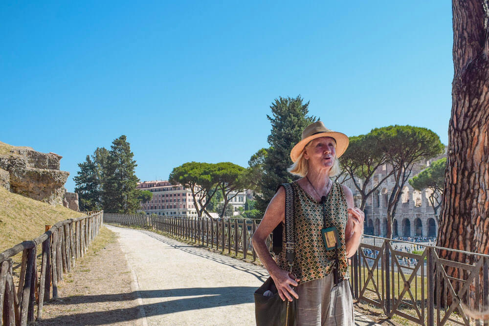 Private guide on the Palatine Hill with the Colosseum in the background
