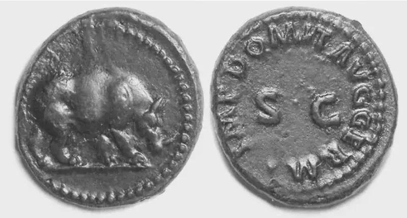 Quadrans of the emperor Domitian (83-85 CE) depicting a rhinoceros on the obverse