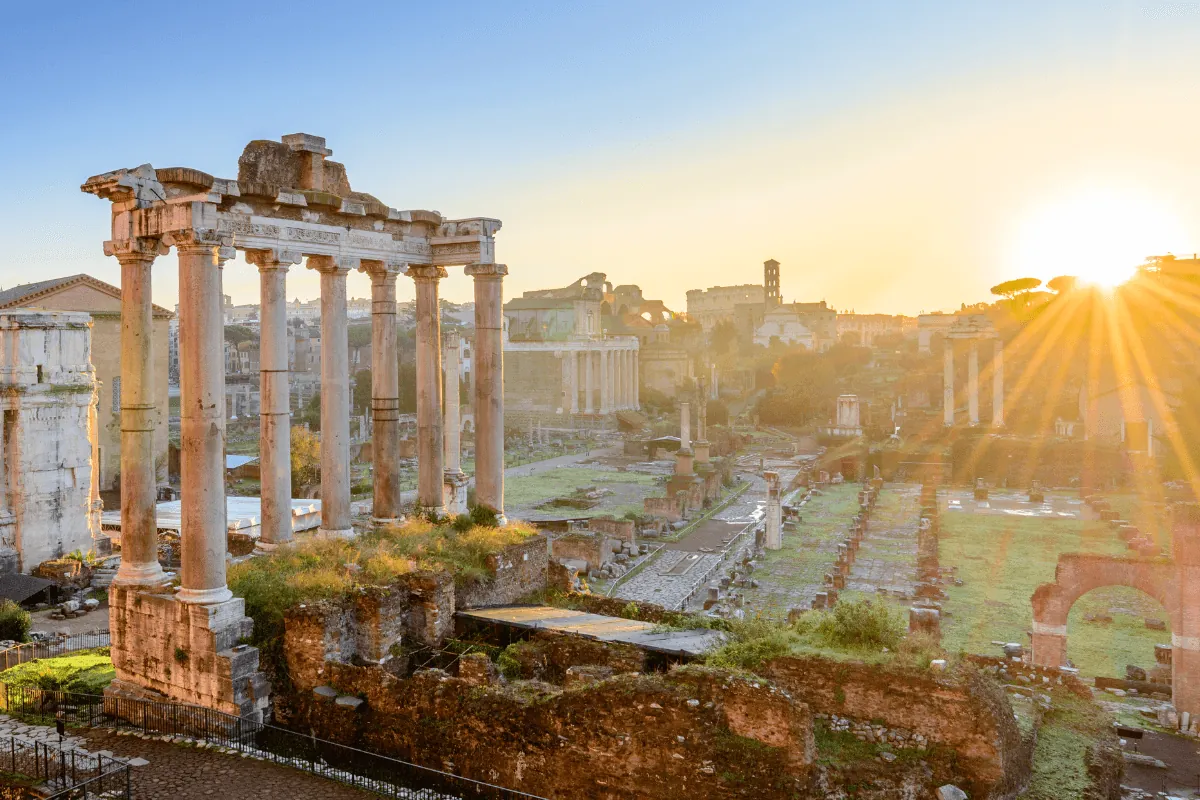 Ruins of the Roman Forum in Rome, Italy, illustrating the legacy of Roman language and civilization