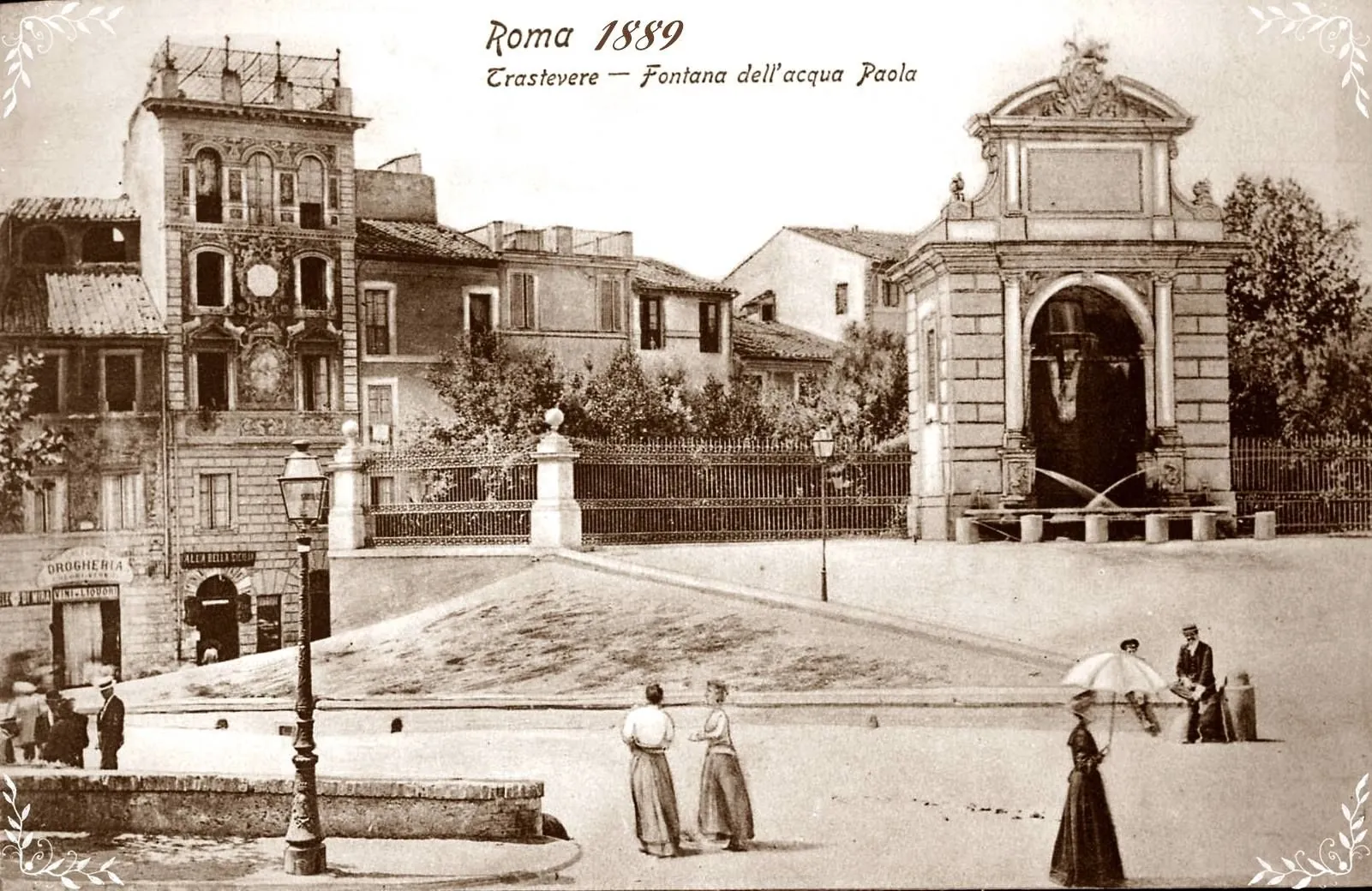 Historical photograph of Piazza Trilussa in Rome, Italy, circa 1889, showing the fountain and surrounding buildings