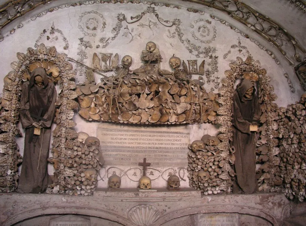Bone-decorated chapel inside the Capuchin Crypt at Santa Maria Immacolata church on Via Veneto, Rome, Italy