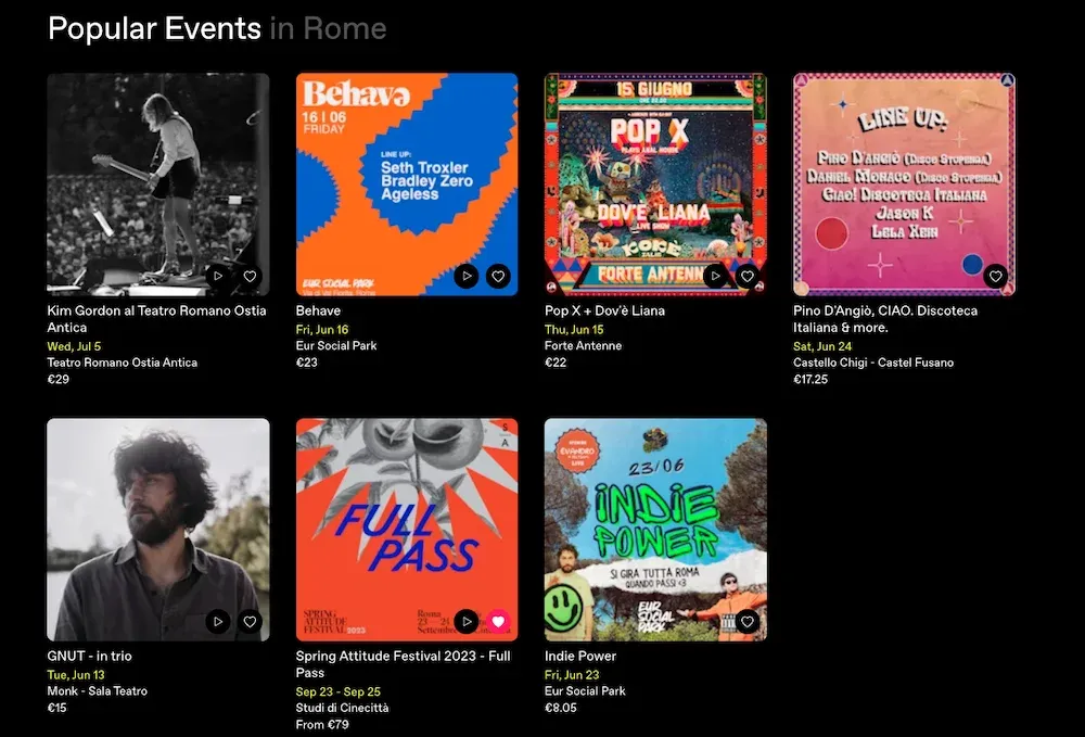 Popular events in Rome as shown on the Dice app
