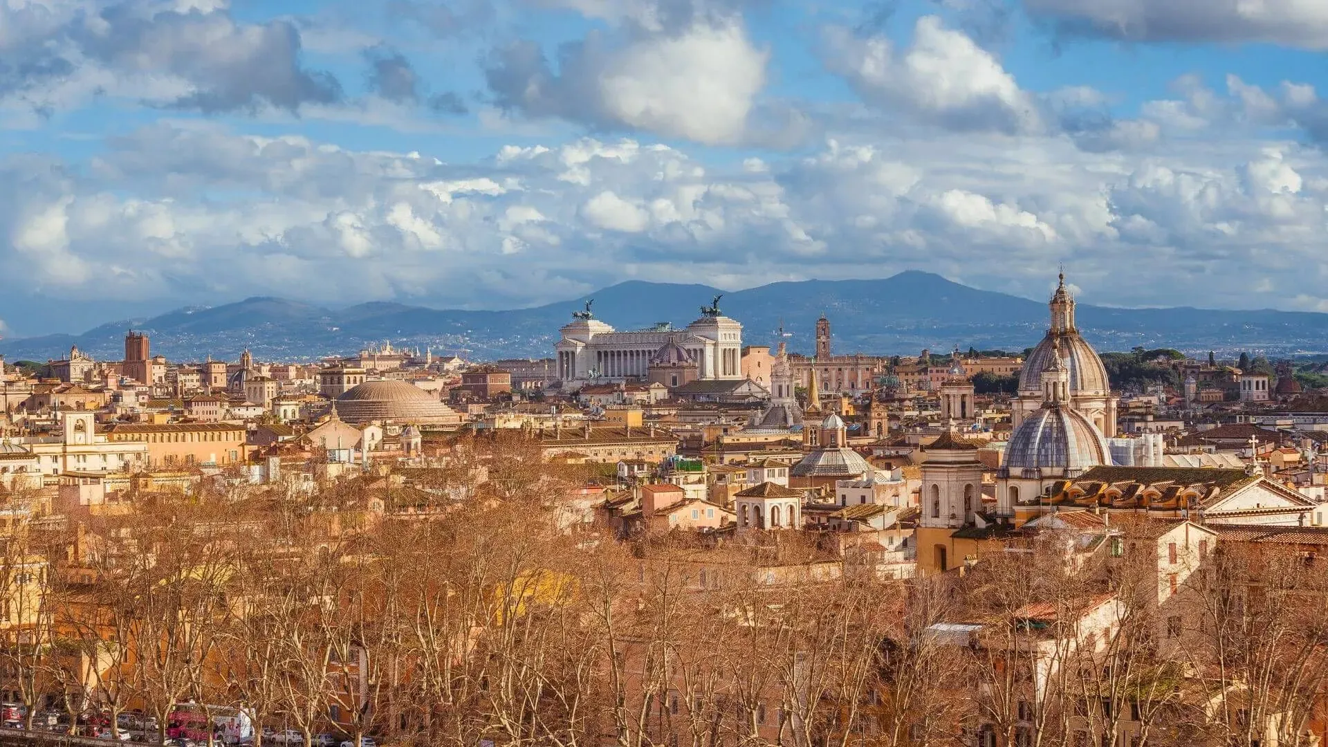 Painting depicting the ruins of the Roman Forum or Palatine Hill in Rome under a blue sky