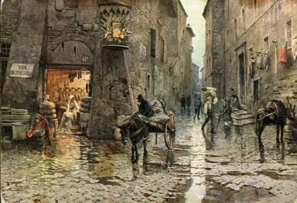 Painting by Ettore Roesler Franz depicting Via della Lungaretta in Trastevere, Rome, showing historical street life