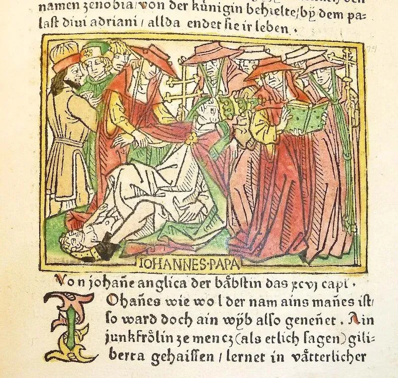 Hand-coloured woodcut illustration depicting the birth of Pope Joan