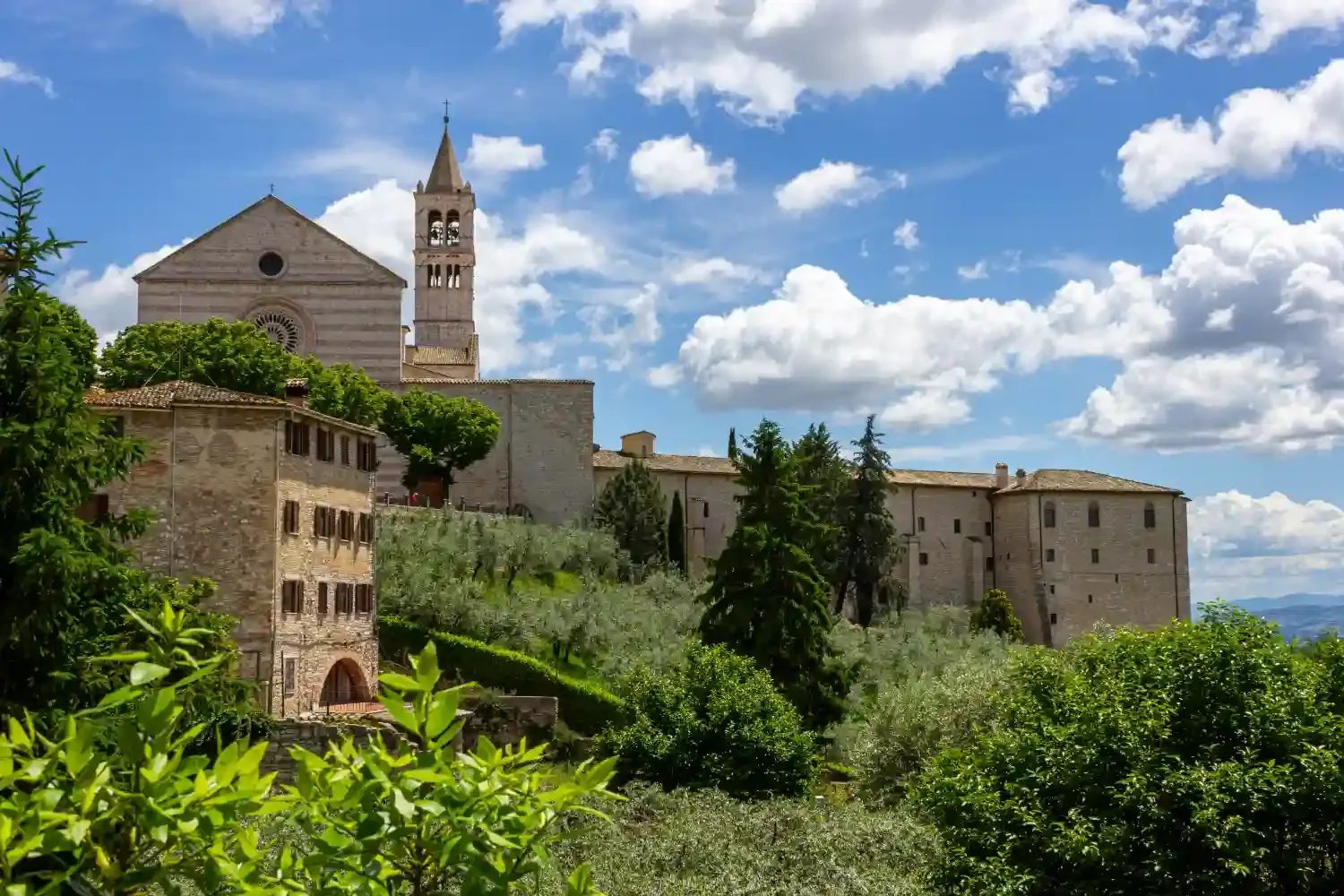 Basilica of Saint Francis in Assisi with bell tower overlooking Umbrian countryside with olive groves