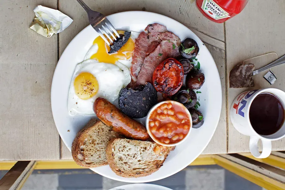 Full-English breakfast at The Breakfast Club, Soho.
