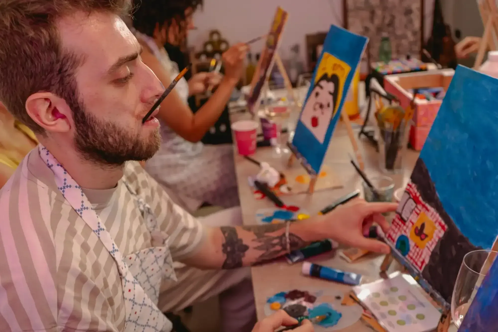 Finished artwork displayed from Rome private painting with wine class