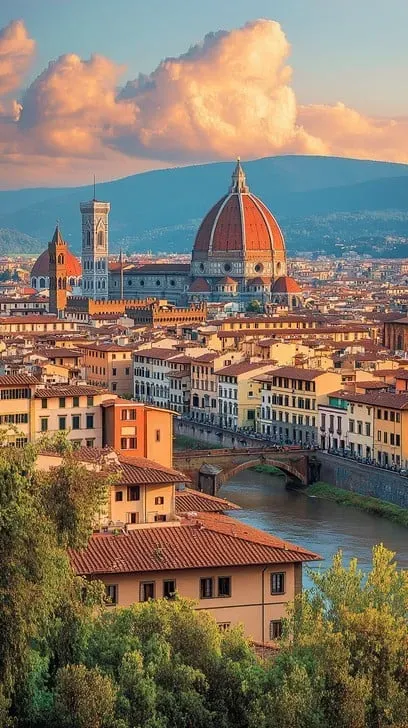 Florence cityscape at sunset with iconic Duomo dome, Arno River, and Renaissance buildings illuminated by golden light