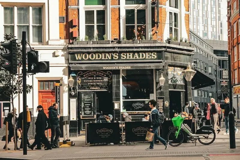 Historic Woodin's Shades pub exterior in Shoreditch London showcasing traditional British pub architecture and authentic local dining experience during Carpe Diem Tours London food tour and cultural exploration