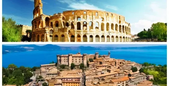 Panoramic view of the iconic Roman Colosseum amphitheater with blue Mediterranean sky and green trees surrounding the ancient monument