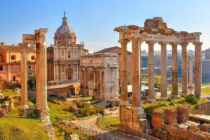 Ancient Roman Forum with standing columns, historical ruins, and archaeological site in Rome